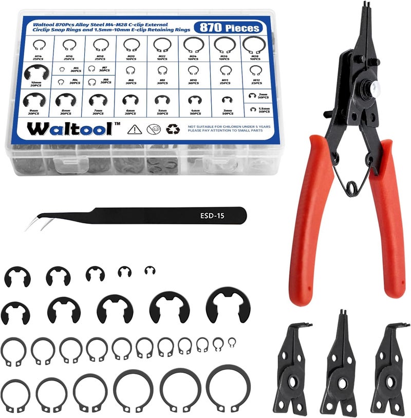 Waltool 870Pcs Alloy Steel M4-M28 C-Clip External Circlip Snap Rings and 1.5mm-10mm E-Clip Retaining Rings with Snap Ring Pliers for Automobiles Motorcycle Lawnmowers Electrical Appliances - Image 1